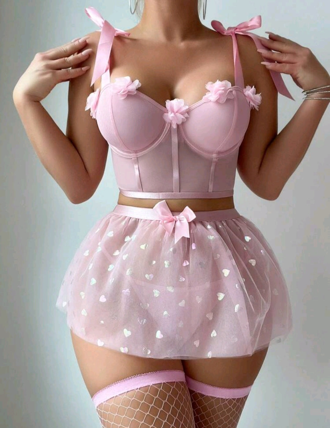 Three-piece pink sexy outfit, including top, see-through skirt & knickers image 0