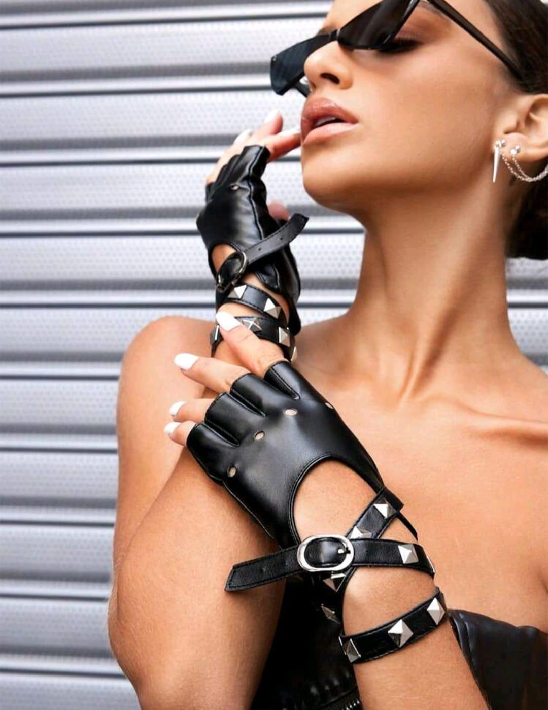 PU leather fingerless gloves with lung wrist straps image 0