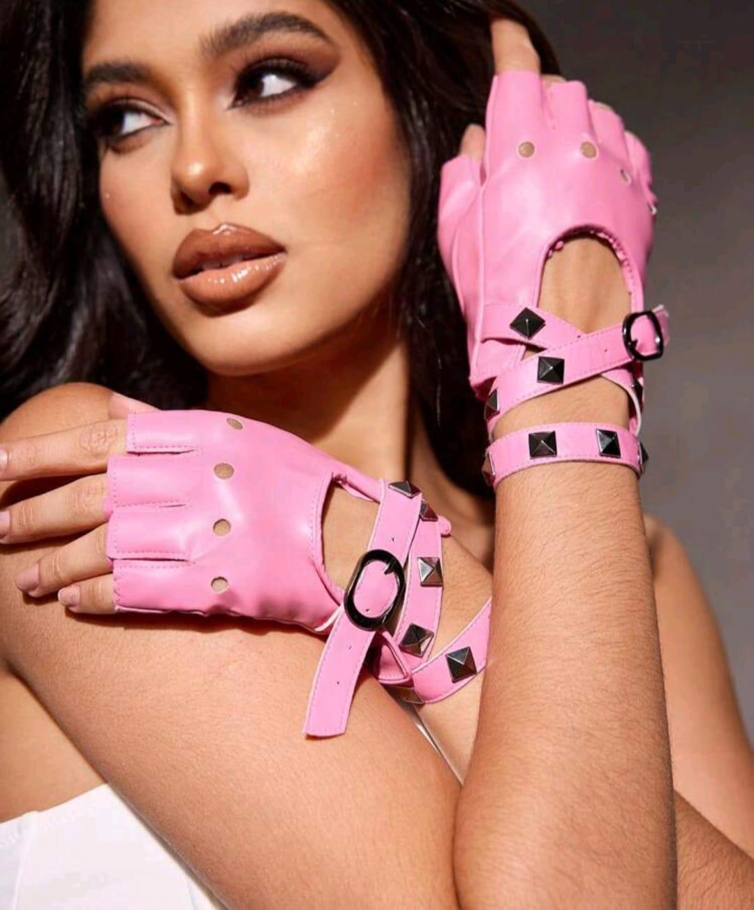 PU leather fingerless gloves with lung wrist straps image 2