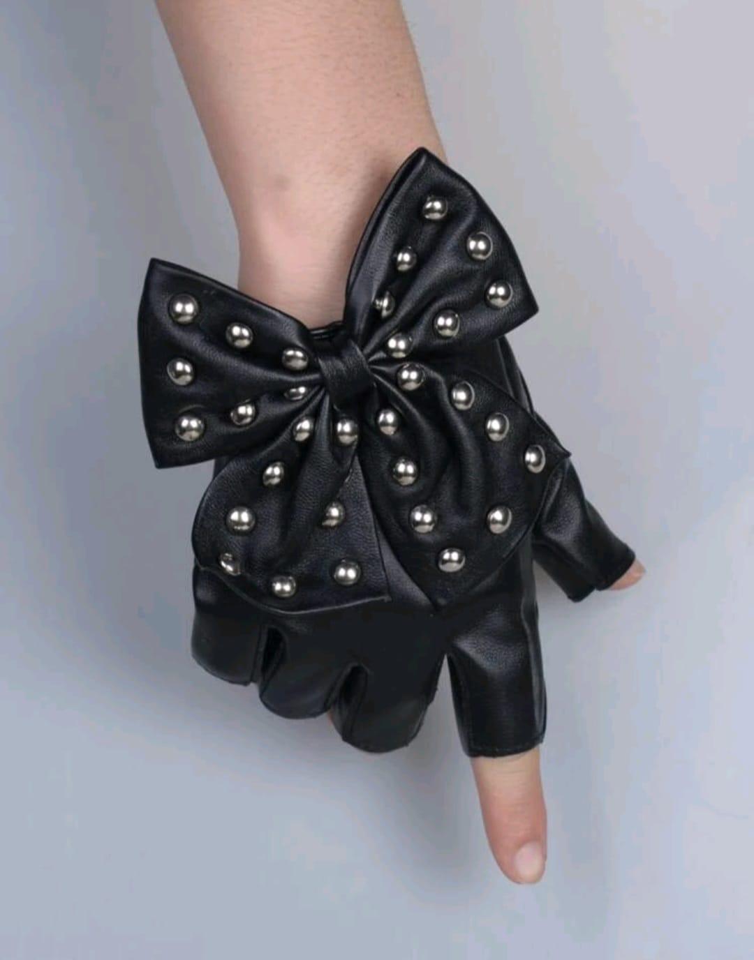 PU leather fingerless gloves with large bow image 1